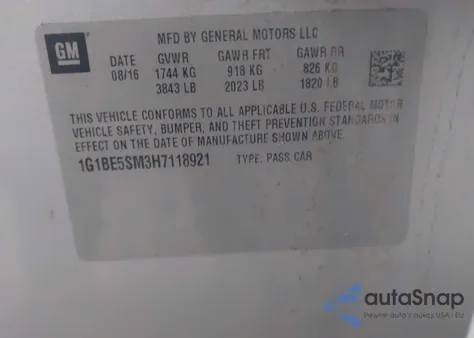 2017 Chevrolet Cruze Lt Auto z USA, uszkodzony, nr VIN 1G1BE5SM3H7118921